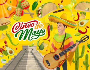 Cinco de Mayo Mexican holiday mariachi with sombrero, guitar and maracas vector design. Fiesta party tequila, margarita and cactus, chilli, avocado and lime, tacos, nachos and cigar, pyramid, firework