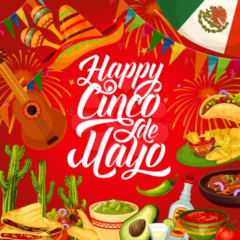 Happy Cinco de Mayo vector greeting card of Mexican holiday design. Fiesta party sombrero, guitar and maracas, cactus tequila, chilli and tacos, margarita, lime and Mexico flag, nachos and avocado
