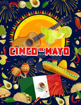 Cinco de Mayo fiesta party guitar, sombrero, food and drink vector design. Mexican holiday mariachi maracas, tequila margarita and Mexico flag, chilli tacos, nachos, avocado and lime greeting card