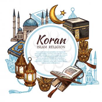 Islamic religious symbols and ritual objects, Koran holy book. Vector Muslim mosque mullah, Islamic star and crescent, lantern and Hamsa hand. Mosque and golden lanterns, religion rite attributes