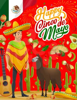 Mexican fiesta party mariachi with sombrero, guitar and alpaca vector design of Happy Cinco de Mayo greeting card. Latin American holiday maracas, chilli tacos and cactus, avocado, lime, Mexico flag