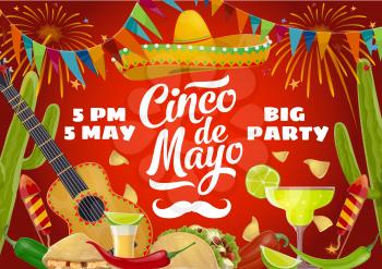 Cinco de Mayo fiesta party food and drink vector design of Mexican holiday invitation. Sombrero, guitar and cactus, tequila margarita, chilli and lime, mariachi mustache, tacos, nachos and bunting