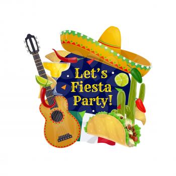 Cinco de Mayo holiday vector greeting card with Mexican sombrero and guitar. Fiesta party tequila margarita, cactus and flag of Mexico, chilli tacos, nachos and lime, jalapeno pepper and mariachi hat