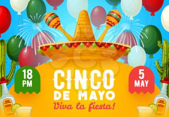 Cinco de Mayo fiesta party vector invitation with Mexican holiday drinks and decor. Mariachi sombrero and maracas with tequila, margarita and lime, decorated with cactus, fireworks and balloons