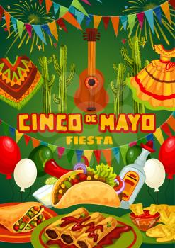 Cinco de Mayo fiesta party food, drink and Mexican holiday guitar vector invitation. Cactus tequila, margarita and chilli, lime, tacos and nachos, avocado guacamole and tomato sauce, balloons, bunting