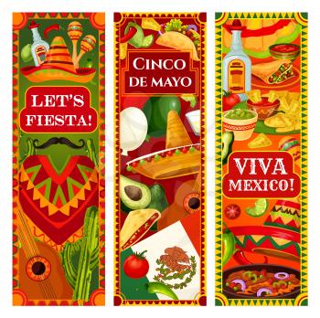 Cinco de Mayo holiday mariachi sombrero, guitar and maracas greeting banners. Vector Mexican flag, cactus tequila and margarita, chilli tacos, nachos and avocado, mustache and festive balloons
