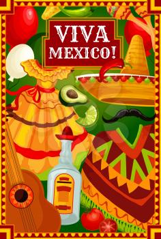 Viva Mexico greeting on Cinco de Mayo, Mexican holiday celebration. Vector Cinco de Mayo fiesta party sombrero, mustache and poncho with traditional Mexican dress, tequila and lime, tomato and avocado