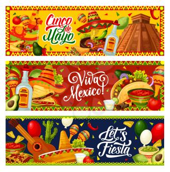 Mexican holiday of Cinco de Mayo vector greeting banners. Fiesta party guitar, maracas and sombrero, cactus, tequila and margarita, pinata, chilli tacos and nachos, balloons and Aztec pyramid