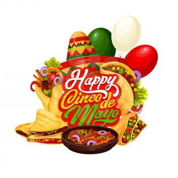 Cinco de Mayo fiesta party food and drink vector greeting card. Mexican holiday mariachi sombrero, chilli pepper tacos and burritos, corn tortilla nachos and balloons in colours of Mexico flag