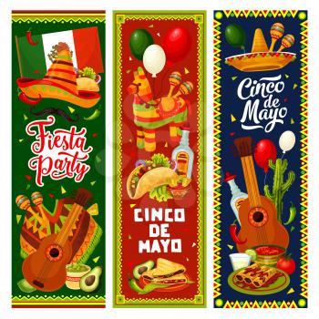 Cinco de Mayo fiesta party vector invitation banners of Mexican holiday design. Sombrero, guitar and maracas, cactus, pinata and tequila, chilli tacos, margarita and nachos, avocado, lime and balloons