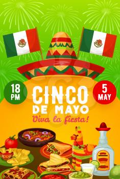 Mexican food and drinks vector design of Cinco de Mayo fiesta party invitation. Sombrero, pinata and flags of Mexico, tequila, margarita and lime, chilli tacos, nachos, avocado guacamole and fireworks