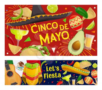 Mexican fiesta party sombrero and maracas vector banners of Cinco de Mayo holiday design. Mariachi guitar, sombrero and Mexico flag, cactus tequila, margarita and chilli, tacos, nachos and avocado