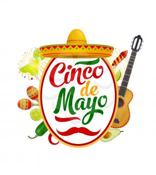Cinco de Mayo Mexican holiday sombrero, guitar and maracas vector greeting card. Fiesta party mariachi hat, cactus tequila and margarita, chili, avocado and lime, jalapeno pepper and festive fireworks