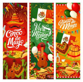 Cinco de Mayo Mexican traditional holiday decorations, food and drinks. Vector Cinco de Mayo party celebration balloons and flags, Viva Mexico greeting, sombrero and poncho, pinata and tequila
