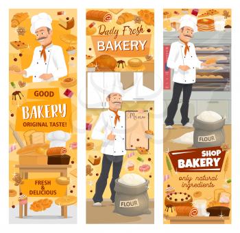Baker baking bread or pastry food, bakery shop showcase. Vector bread and baguette, cake and roll with jam, toast and donut. Croissant and waffles, gingerbread cookie and cupcake, sack of flour