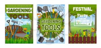 Gardening festival, farming tools and equipment. Vector forks and spit, shovel and ax, scissors and secateurs, spade and watering can, bucket and sprayer. Hoe and wheelbarrow, hose and saw, fence