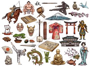 Japanese religion, culture and traditions vector isolated icons. Sushi and kimono, tea ceremony and samurai, drum taiko and origami, judo and karate. Fujiyama mount and geisha, sumo and bonsai tree