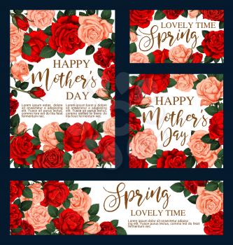Happy Mother day greeting cards of red flowers for holiday greeting card. Vector design of blooming garden roses and flourish pink rose blossoms bunch for Mother Day posters