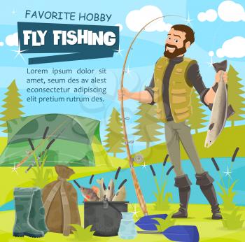 Fisher catching fish, tackle and fishery equipment, camp tent and backpack. Vector rubber boot and bucket with fish, rod and pike, salmon and trout, perch and crucian, oar and cauldron