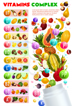 Vitamins and minerals complex, vegetarian food. Vector natural fruits and berries organized by content of vitamin pills. Banana and carambola, maracuya and grapefruit, longevity supplements