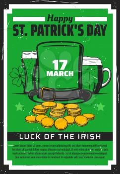 Happy St Patricks Day green beer and clover vector design. Irish pub party invitation with leprechaun hat, gold coins and shamrock, beer mug and glass. Religion holiday of Ireland celebration themes