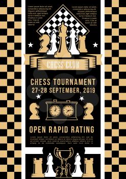 Tournament in chess game, play pieces and board. Vector bishop and rook, king and queen, knight and checkerboard, chessboard. Invitation on intellectual game, competition on chess, golden award