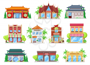 Restaurants buildings, vector icons. National cuisine restaurants of Japan and Korea, China and India, Thailand and France, Mexico and Italy, Spain and arabian. Cartoon glossy icons