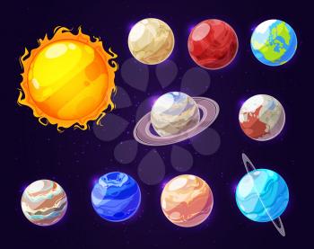 Planets of Solar system in space, cartoon icons. Vector cosmic bodies and star templates, Sun and Earth, Mars and Jupiter, Saturn and Venus. Mercury and Uranus with Pluto and Neptune at night sky