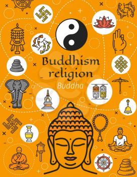 Buddhism religion symbols, oriental culture. Vector swastika and lotus, pebble pile and fish, yin yang and endless knot, elephant, rotating drums. Buddha and mudra, monk and meditation, Dharma wheel