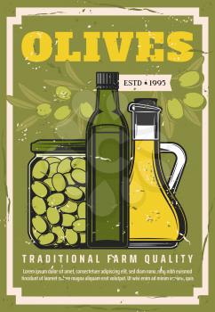 Olive oil in bottles and preserved olives in jar. Vector seasoning, extra virgin cooking condiment, natural organic farm product sealed in container. Healthy nutrition salad dressing or ingredient