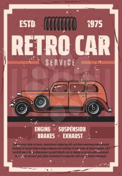 Retro car repair service, spare parts, garage station. Vector old vintage vehicle maintenance and restoration. Rare transport repairing and renovation of engine, suspension, brakes and exhaust