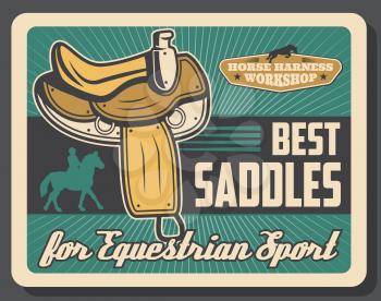 Equestrian sport retro vector, saddles horse race equipment. Harness straps and fittings, rider silhouette on mustang or stallion. Jockey on horseback, horserace gear items repair and production