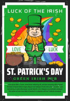 Saint Patrick day, Ireland holiday and Irish beer pub or bar green grunge poster. Vector St Patrick celebration rainbow with golden money coins splash from leprechaun cauldron pot