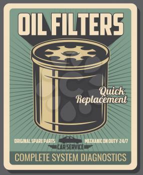 Oil filters, vector. Car repair service, system diagnostics. Vector original auto spare parts replacement, vehicle and transport restoration