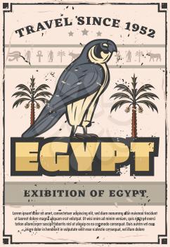 Falcon bird Ancient Egyptian deities, god or goddess, retro vector. Traveling to Egypt, falcon bird and fig palm trees, mummy and anubis, ankh and eye of Horus. Exhibition of Egypt, hawk or eagle