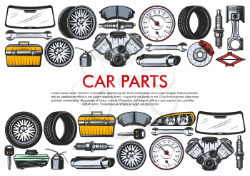 Car repair service, auto spare parts and tools. Vector motor engine, oil or wrench and windshield, light alloy wheels and tires, exhaust pipe and rear view mirror or brakes, speedometer