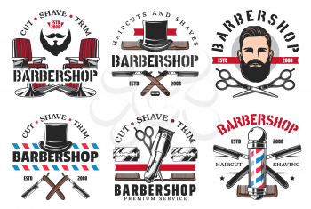 Barber shop haircut and shaving icons. Vector man with hairstyle, beard and mustaches, retro razor blade, scissors with hair dryer, hat and male cologne bottle. Hipster hairdresser salon