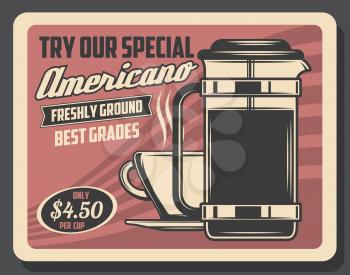 Americano coffee drinks, retro design. Vector cup of hot beverage with steam, espresso or cappuccino in mug. Energetic drink of freshly ground beans, glass pot with cover