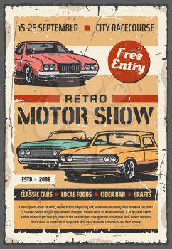Vintage cars on motor show, vector retro vehicles exhibition. Car restoration of old transport, cabriolet and coupe