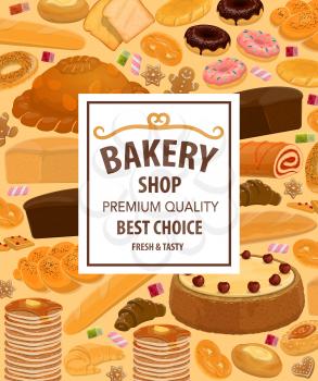 Bakery pastry food and desserts, confectionery. Vector wheat, rye bread and cake, baguette and pancake, bun and pretzel. Donut cookie, bagel and marshmallow, croissant and marmalade, toast and roll