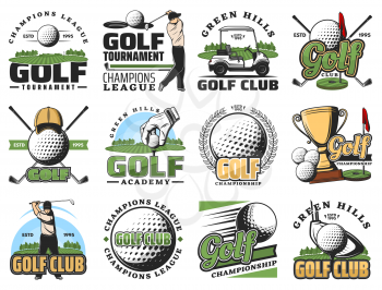 Golf sport game symbols and equipment icons. Vector golfer and ball, stick, cart, hole and golf course or field, gold trophy cup and tee. Championship symbols, green hills