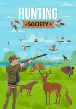 Hunting sport, hunter holding rifle, dog on hunt. Vector forest animals and camping tent with campfire near lake, duck and deer, boar and rabbit, moose. Hunters club society, shooting gun, campfire