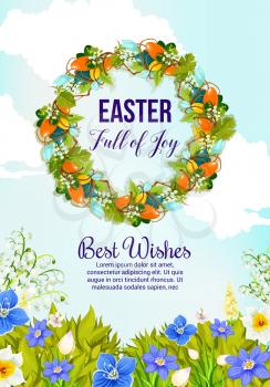 Easter wreath greeting card with painted egg and spring flower. Floral wreath of Easter egg, lily and snowdrop flower, daffodil, crocus and green grass for christian religion holiday banner design