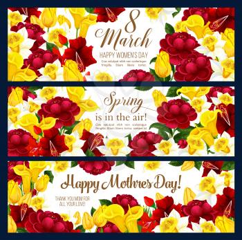 Happy Womens day 8 March banners or Mother Day greeting card of blooming flowers floral design. Vector seasonal holiday wishes, pink and red spring flowers bunches for Mothers Women day
