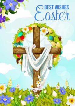 Easter cross greeting banner of christian religion spring holiday design. Jesus Christ crucifix with Easter egg and flower wreath on floral field with daffodil and crocus for Easter Sunday celebration