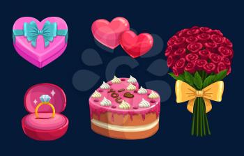 Valentines Day gift vector icons. Love hearts, present box and bouquet of red rose flowers with ribbon bows, chocolate cake and diamond ring symbols of february romantic holiday or wedding design