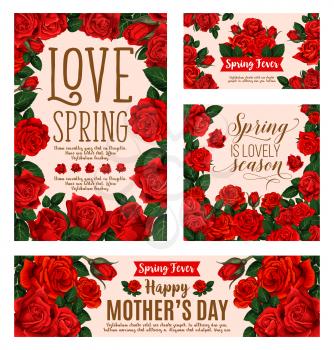 Floral greeting card for Spring Season and Mother Day holiday celebration template. Red rose flower festive banner, edged by floral frame with blooming plant, green leaf branch and ribbon