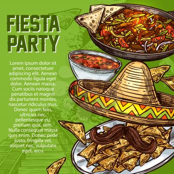 Cinco de Mayo day, Mexican holiday, Mexico cuisine dishes, fiesta party. Vector sombrero and mustache, salsa in bowl and nachos on plate, fajitas pan. Spicy food meals, traditional festive dinner