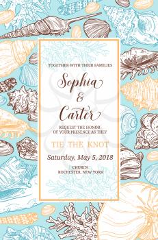 Wedding invitation vector card with sea shells and corals frame. Seashells sketch border with marine mollusc, clam and chiton, snail and tusk shells. Engagement ceremony or marriage anniversary design