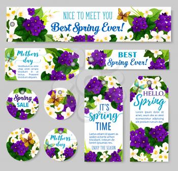 Spring flower tag for Springtime season sale and Mother Day holiday template. Jasmine and violet floral label with butterfly, green leaf and branch for discount price offer and greeting card design
